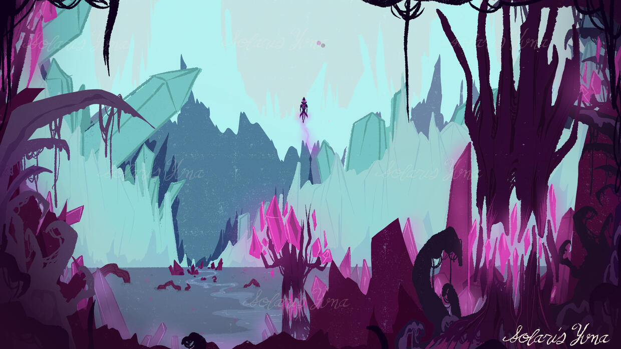 A depiction of a scifi crystal forest infected by organic tentacles for an upcoming stage for project shootlanzer.
