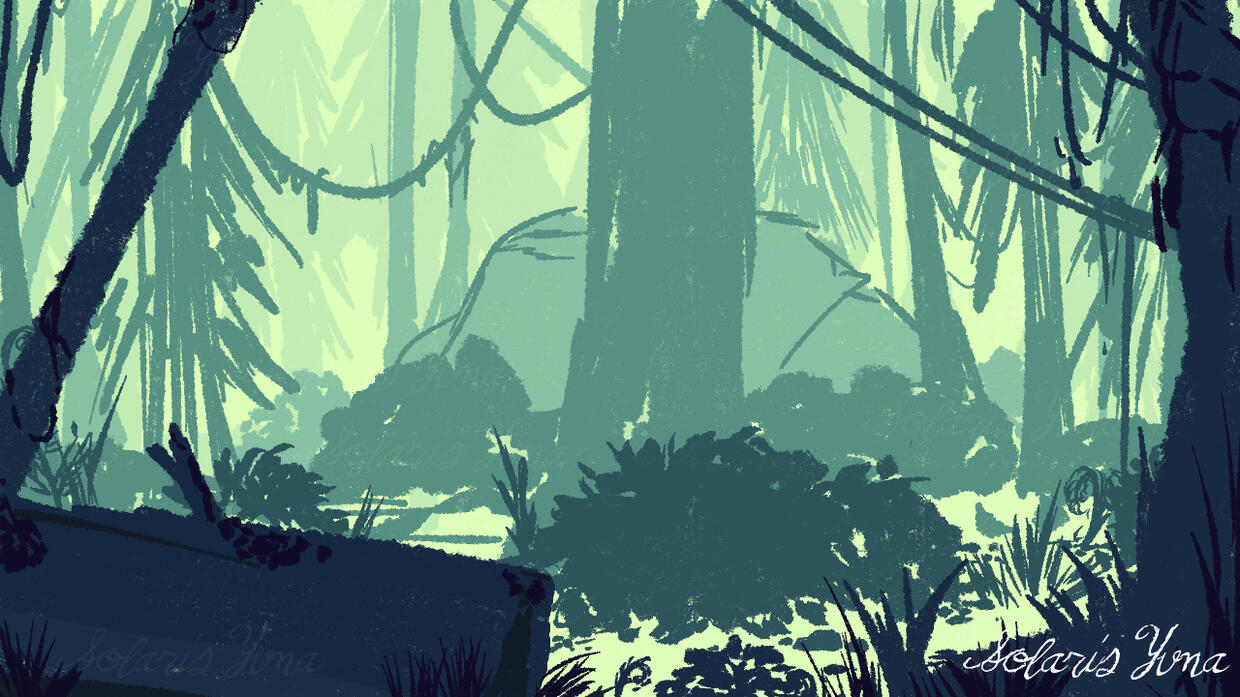 Hour background exploration of a distant rainforest using a set color palette.