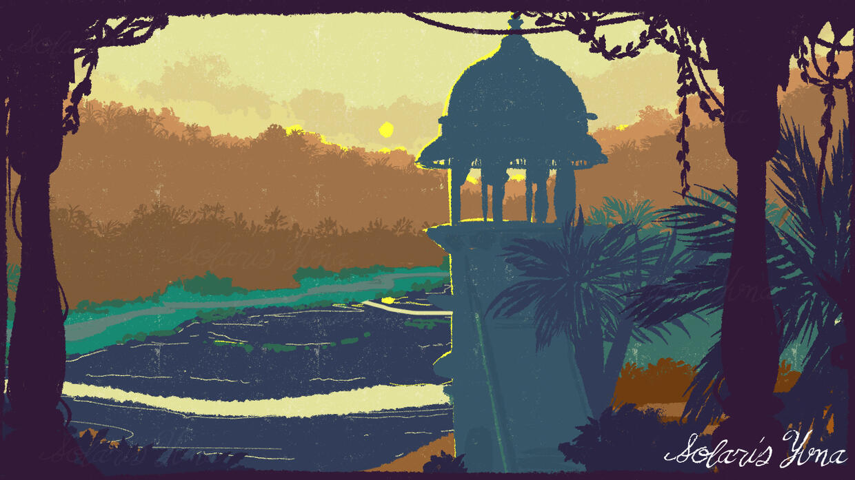 Hour background exploration of a distant SEA temple using a set color palette